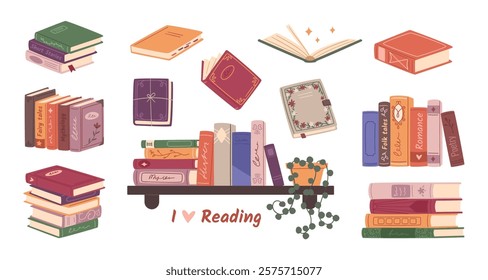 Book stickers for a reading journal. Bookshelf. Novel, fairy tale, romance, folk tales, poetry book. Reading list for bookworms.