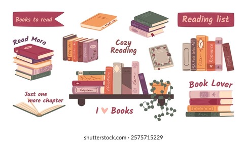 Book stickers for a reading journal. Bookshelf. Novel, fairy tale, romance, folk tales, poetry book. Reading list for bookworms.