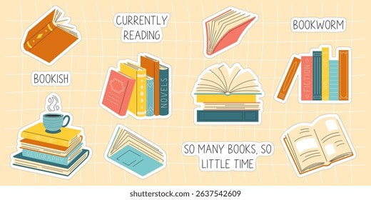  book stickers set. Collection of hand drawn books, literature reading, inscriptions. Cute different stacks and piles of books, open and closed books isolated on white background. 