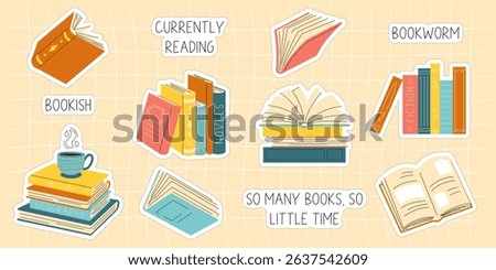  book stickers set. Collection of hand drawn books, literature reading, inscriptions. Cute different stacks and piles of books, open and closed books isolated on white background. 