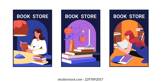 Book store banners with reading young woman and books stack. Vector advertising flyers or posters of bookstore with girl character studying literature and shelves. Education or library advertisement.