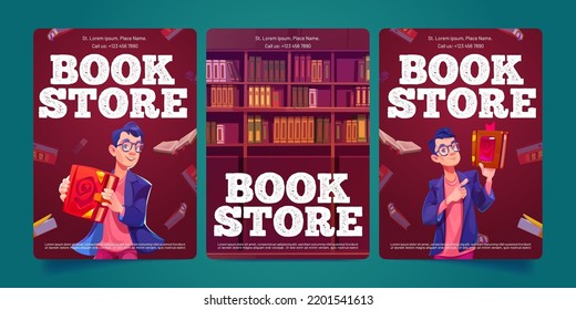 Reserve carteles con un joven y estantes con literatura. Afiches publicitarios vectoriales de librería con caricatura ilustrativa del personaje en gafas en tienda