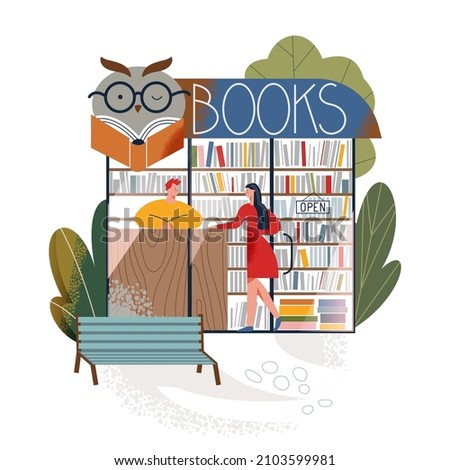 Book store building facade with people shopkeeper and buyer vector illustration. Cartoon exterior of small local bookstore with wise owl on signboard, commercial storefront with books on bookshelf