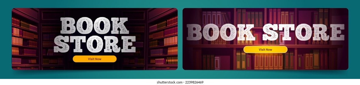 Book store cartoon web banners, online shop landing page templates with bookcases in dark room and grunge typography. Digital library archive, reading app or service for readers Vector illustration