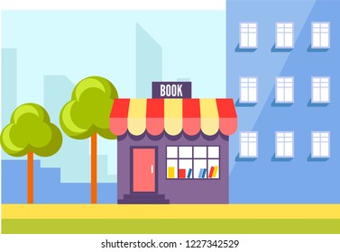 Book store in city, urban shop with press vector. Publications and printable materials in shop, exterior of commercial institution, building facade. Bookstore supermarket surrounded with skyscrapers