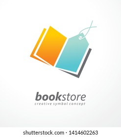 Book store creative logo design idea with open book and price tag. Education and science vector symbol illustration.