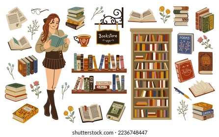 Book store elements. Cute bibliophile girl with book in hands, student reads, brain workout, literary works, stack of vintage textbook, bookshelf and cabinet, tidy vector cartoon set