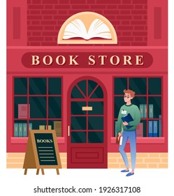 Book Store Facade Vector Illustration. Cartoon Vintage City Building Architecture Of Bookstore And Boy Student Character Walking To Door Of Shop To Buy Books, Cityscape With Bookshop Background