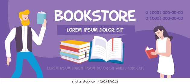 Book store horizontal banner with editable advertising text phone numbers and doodle human characters reading books vector illustration