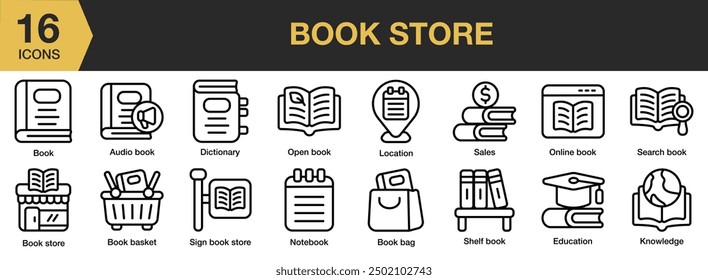 Book Store icon set. Includes book discount, book location, cart book, ebook, bookshelf, and More. Outline icons vector collection.