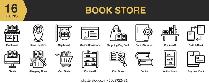 Conjunto de iconos de la Tienda de libros. Incluye descuento de libro, estantería, libro de Carrito, ebook, letrero y más. Colección de Vector de iconos de contorno.