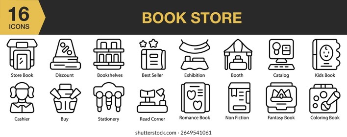 Book Store icon set. Includes book, store, shop, reading, bookstore, and More. Outline icons vector collection.