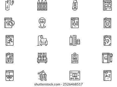 La colección de iconos de librería es una Ilustración vectorial con trazo editable.