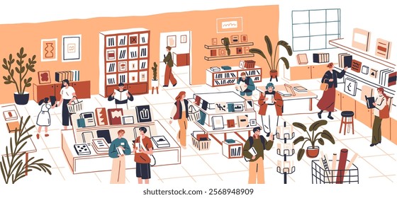 Book store interior with shelves. Customers choosing and buying literature to read and study. Readers buyers walking, searching in modern retail bookstore, shop space. Flat vector illustration