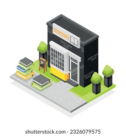 Book store isometric composition with bookshop building and stacks of books 3d vector illustration
