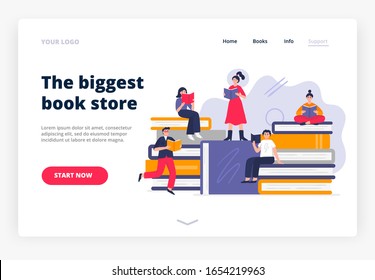 Book store Landing page template. Cute people studying and reading on giant books. Vector Illustration in modern flat style can be used by libraries, book fairs, stores, schools and e-commerce.