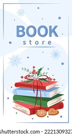 Book store. Layout design for bookstore, library, sale in bookshop. Books with winter decor. Vector illustration