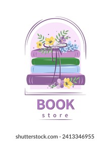 Book store. Layout design for bookstore, library. Books with spring flowers. Vector illustration