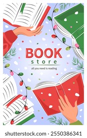 Librería. Diseño de diseño para el mercado del libro, Biblioteca, venta en librería. Libros con decoración de invierno, guirnaldas, árbol de Navidad y nieve. Ilustración vectorial para el Anuncio, cubierta, comercialización, venta.