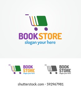 Book store logo set consisting of books different color and cart for use bookshop, market, sale etc. Vector Illustration