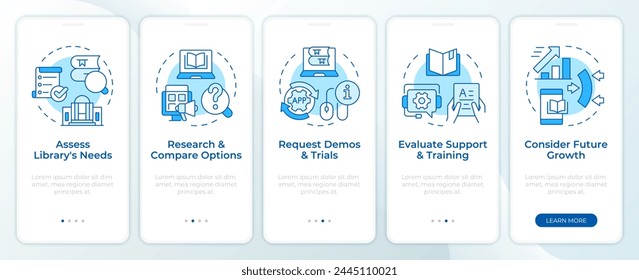 Book store management software blue onboarding mobile app screen. Walkthrough 5 steps editable graphic instructions with linear concepts. UI, UX, GUI template. Montserrat Semibold, Regular fonts used