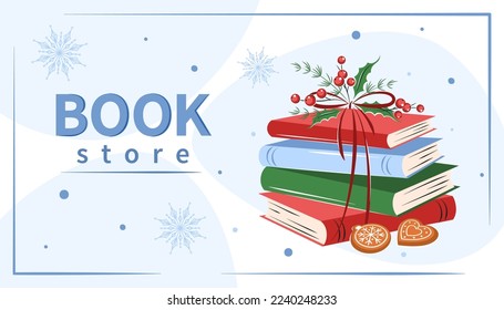 Tienda de libros, mercado. Diseño de diseño para librería, biblioteca. Libros con decoración de vacaciones de invierno. Ilustración del vector