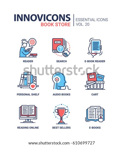 Book store - modern color vector single line icon set. Reader, search, e-book, personal shelf, audio, cart, reading online, best seller,