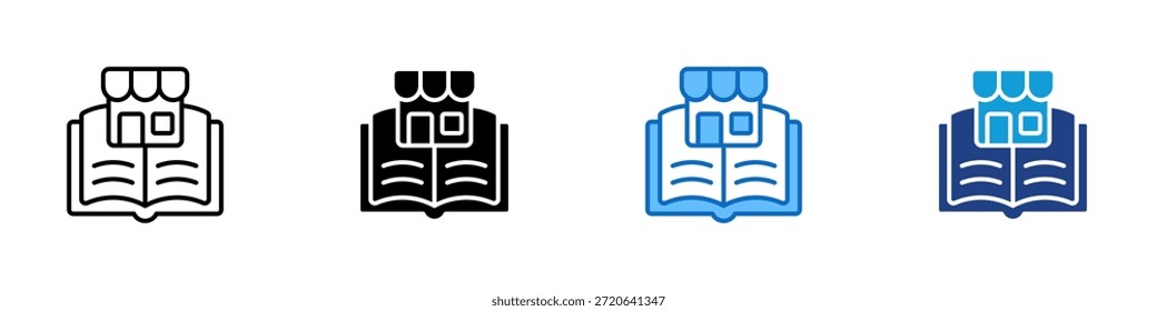 Vector de diseño de íconos de estilo múltiple - libro abierto con un toldo en la tienda, que representa una librería o una tienda de lectura en línea