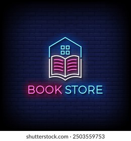 book store neon sign vector with brick wall background 