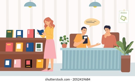 Book store and people. A woman reading a book by the bookshelf and a man talking about a book at the table. flat design style vector illustration.