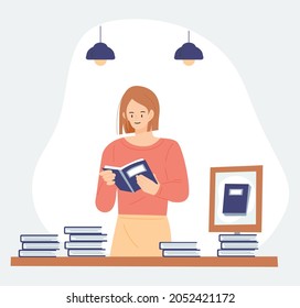 Book store and people. A woman reading a book at the book recommendation section. flat design style vector illustration.