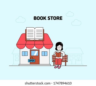Book Store and Reading illustration set. Girl, Kid, Library Vector drawing. Hand drawn style.