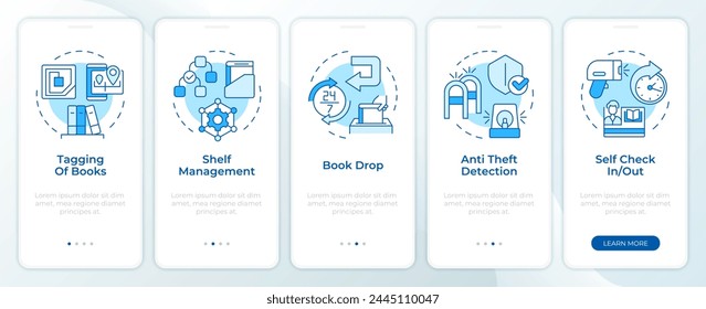 Book store safety measures blue onboarding mobile app screen. Walkthrough 5 steps editable graphic instructions with linear concepts. UI, UX, GUI template. Montserrat Semibold, Regular fonts used