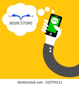 book store at social application phone in hand of businessman on yellow background vector.