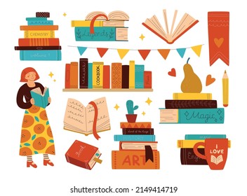 Book store. Woman reader. Bookshelf with vintage covers row and bookmarks. Textbook stacks and piles. Color printed product. Fairy tales and fiction literature. Vector