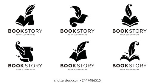 book story feather logo design black and white background flat vector illustration.