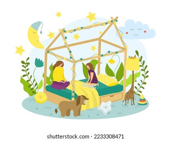 Book story for kid, cartoon woman mother character tell fairy tale, vector illustration. Mom read night story for little child in bed