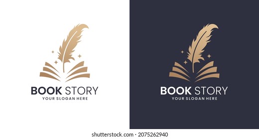 book story logo . feather signature illustration logo, book and feather, gradient logo template. Premium Vector