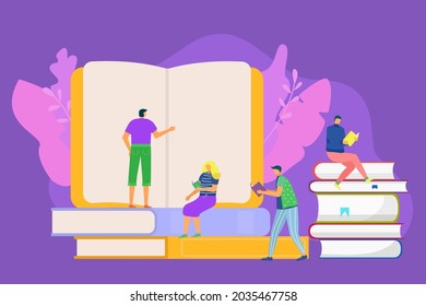 Book for student concept, vector illustration. Man woman character study in library, read literature with knowledge concept. Young tiny person
