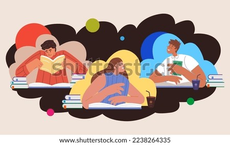 Book study concept happy people exchanging. Group schoo