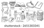Book and study themed hand drawn line art collection. Illustration with bookshelves, stacks of books, notebooks, glasses, student desk, backpack, apple and school elements. Monochrome education concep