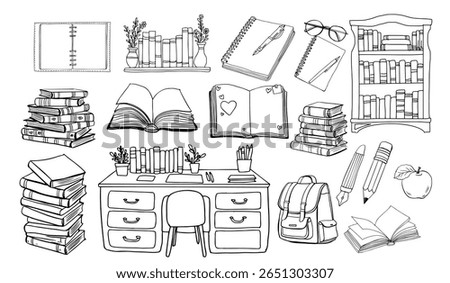 Book and study themed hand drawn line art collection. Illustration with bookshelves, stacks of books, notebooks, glasses, student desk, backpack, apple and school elements. Monochrome education concep