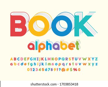 Book style alphabet design with uppercase, lowercase, numbers and symbol