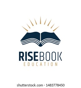 book + sun logo design, flat style design, education, school, university, knowledge and learning symbol, open book with sunrise vector illustration
