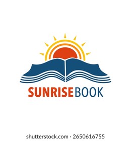 book with sunrise logo in flat design. Education, school, university, knowledge and learning symbol, open book with sunrise vector illustration