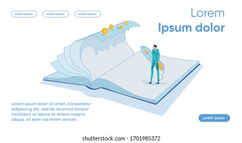 Book Surfing Flat Landing Page Vector Template. New Solution Search Metaphor. Surfer in Formal Suit, Businessman with Surfboard Faceless Character. Business Idea Pursuit Homepage Layout