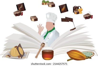 book of sweets with figure of the pastry chef-