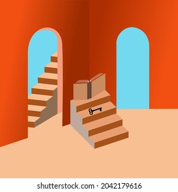 Book as symbol of knowledge and key to success. Stairs as symbol of success 3D  render