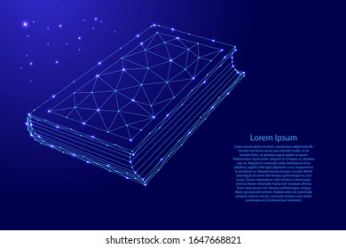 Book symbol of knowledge for literature fans from futuristic polygonal blue lines and glowing stars for banner, poster, greeting card. Vector illustration.