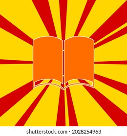 Buchsymbol auf rotem Blitz Radiallinien. Das große orangefarbene Symbol befindet sich in der Mitte der Sonne und symbolisiert den Sonnenaufgang. Vektorgrafik auf gelbem Hintergrund